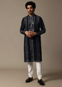 Black Mirror Work Silk Kurta Set For Men