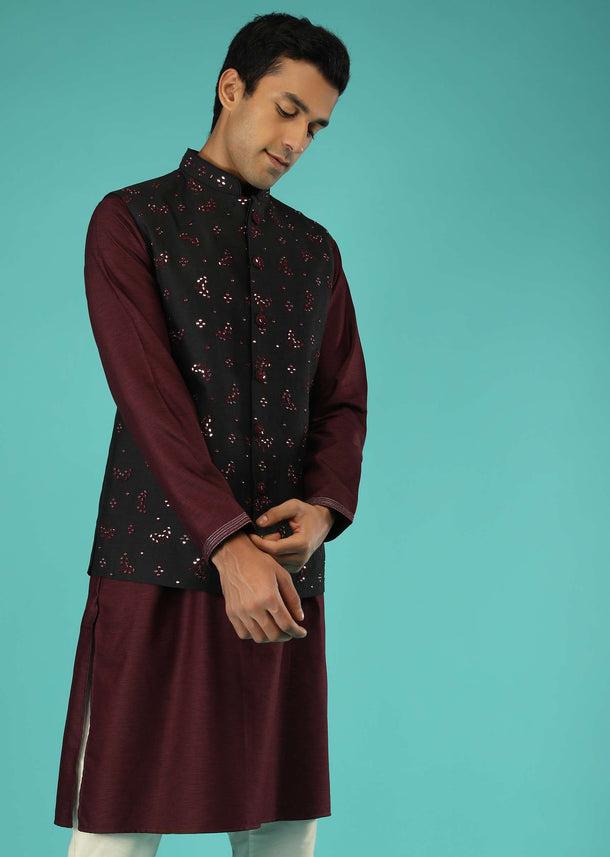 Black Nehru Jacket And Wine Kurta Set In Raw Silk With Resham And Mirror Abla Embroidered Leaf Buttis