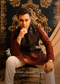Black Nehru Jacket And Wine Kurta Set In Raw Silk With Resham And Mirror Abla Embroidered Leaf Buttis