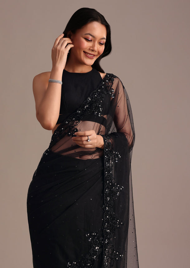 Black Net Embroidered Saree With Cutdana And Sequin Work
