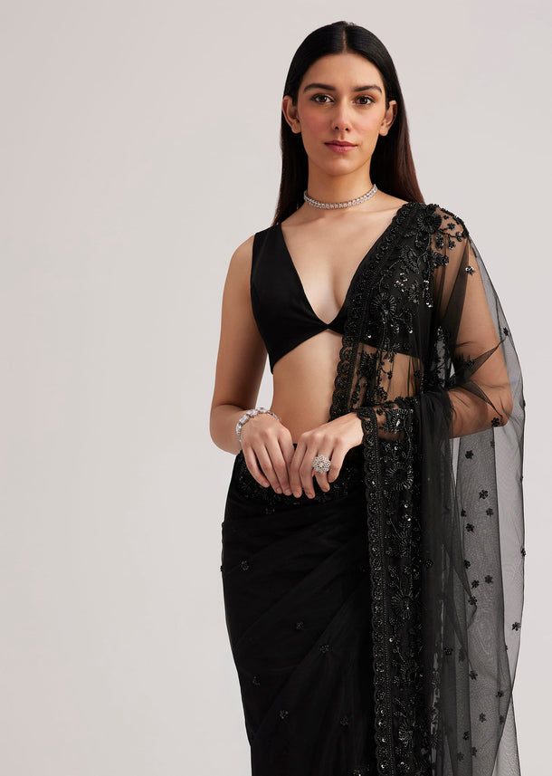 Black Net Heavy Embroidered Saree With Sequins And Stones