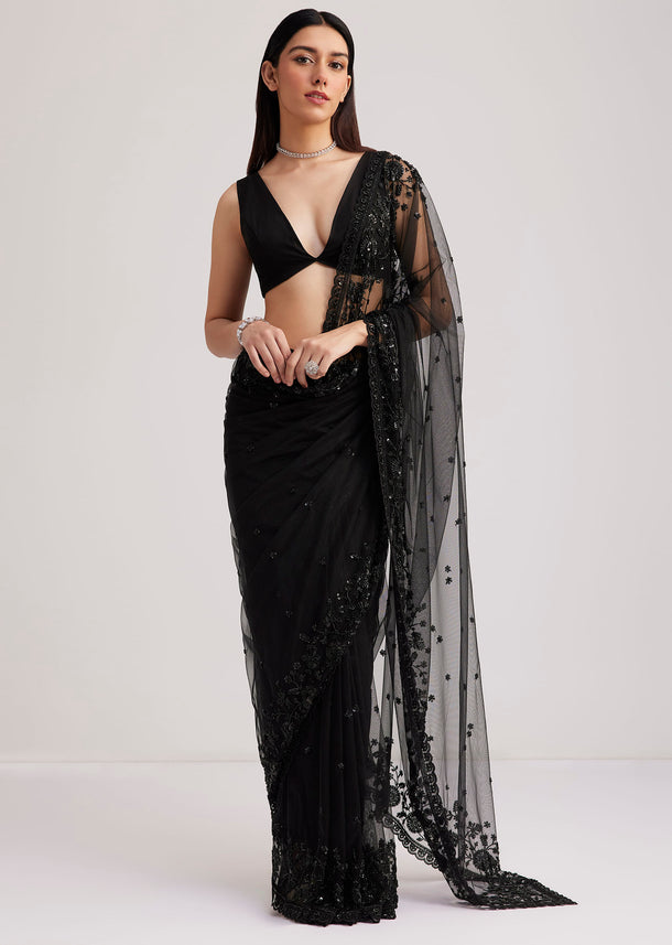 Black Net Heavy Embroidered Saree With Sequins And Stones