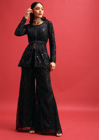 Black Net Kurta Palazzo Set In Sequin Work