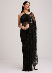 Black Net Saree Heavy Embroidered With Sequins And Stones