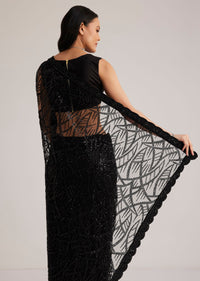 Black Net Saree With Sequins And Stones Embroidery