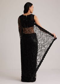 Black Net Saree With Sequins And Stones Embroidery