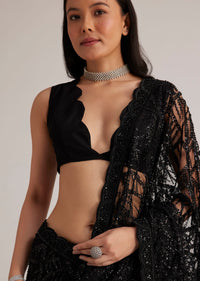 Black Net Saree With Sequins And Stones Embroidery