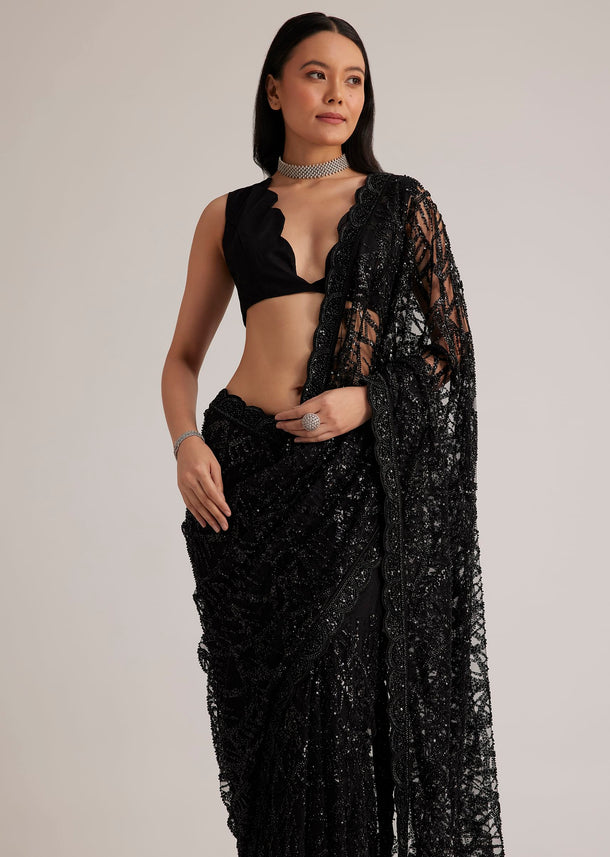 Black Net Saree With Sequins And Stones Embroidery