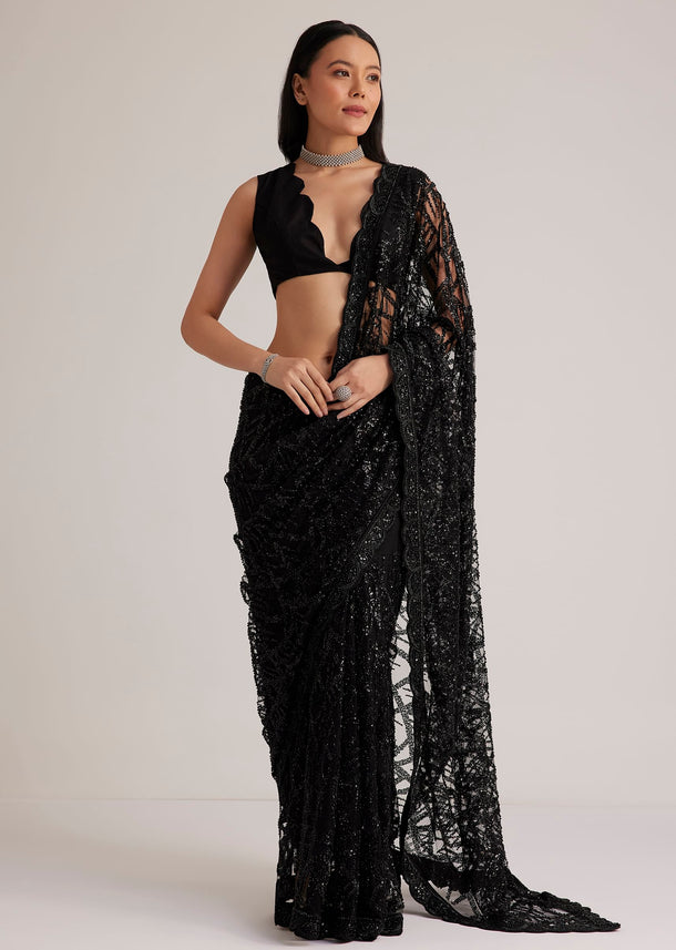Black Net Saree With Sequins And Stones Embroidery