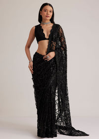 Black Net Saree With Sequins And Stones Embroidery
