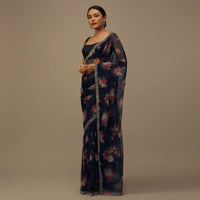 Mid night blue Organza Saree With Vibrant Floral Print And Cutdana Work