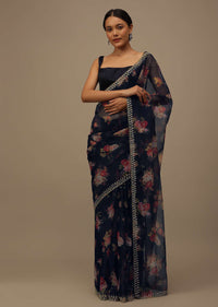 Mid night blue Organza Saree With Vibrant Floral Print And Cutdana Work