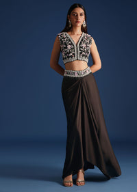 Black Organza Jacket With Embroidered Crop Top And Draped Skirt