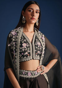 Black Organza Jacket With Embroidered Crop Top And Draped Skirt