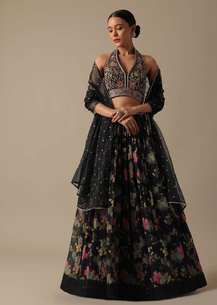 Black Organza Lehenga Set With Heavy Embroidered Halter Neck Choli