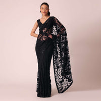 Black Net Saree With Floral Threadwork And Unstitched Blouse Piece