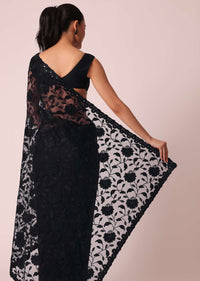 Black Net Saree With Floral Threadwork And Unstitched Blouse Piece