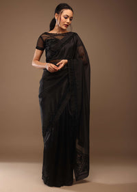 Black Organza Saree With Cut Dana Embroidery, Crafted In Tissue Organza