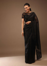 Black Organza Saree With Cut Dana Embroidery, Crafted In Tissue Organza