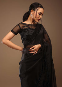 Black Organza Saree With Cut Dana Embroidery, Crafted In Tissue Organza