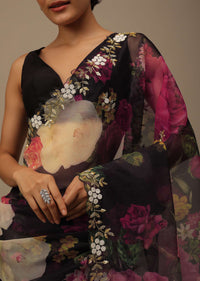 Black Organza Saree With Floral Print And Scallop Borders