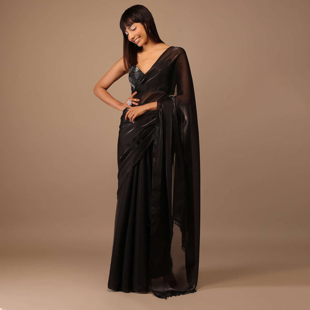 Black Organza Saree With Heavily Embellished Blouse With Fringes On The Hem