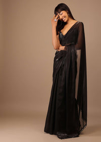 Black Organza Saree With Heavily Embellished Blouse With Fringes On The Hem