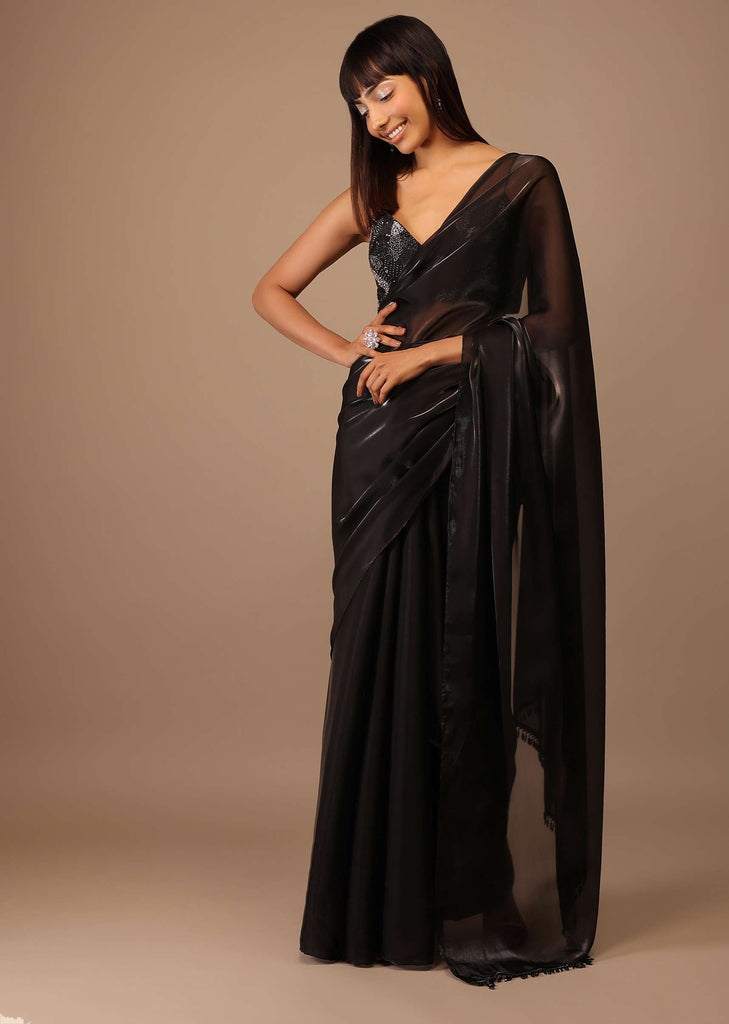 Black Organza Saree With Heavily Embellished Blouse With Fringes On The Hem