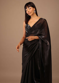 Black Organza Saree With Heavily Embellished Blouse With Fringes On The Hem