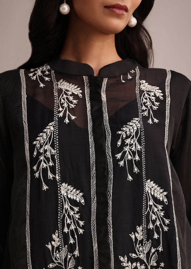Black Organza Threadwork Kurta Pant Set