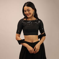 Black Padded Blouse With Mirror Work And Half Sleeves