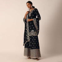 Black Palazzo Kurti Suit Set In Chinon With Zari And Resham Work