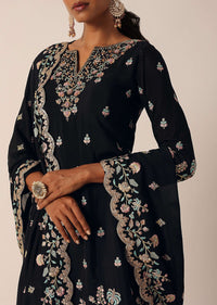 Black Palazzo Kurti Suit Set In Chinon With Zari And Resham Work