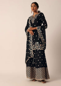 Black Palazzo Kurti Suit Set In Chinon With Zari And Resham Work