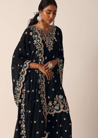 Black Palazzo Kurti Suit Set In Chinon With Zari And Resham Work