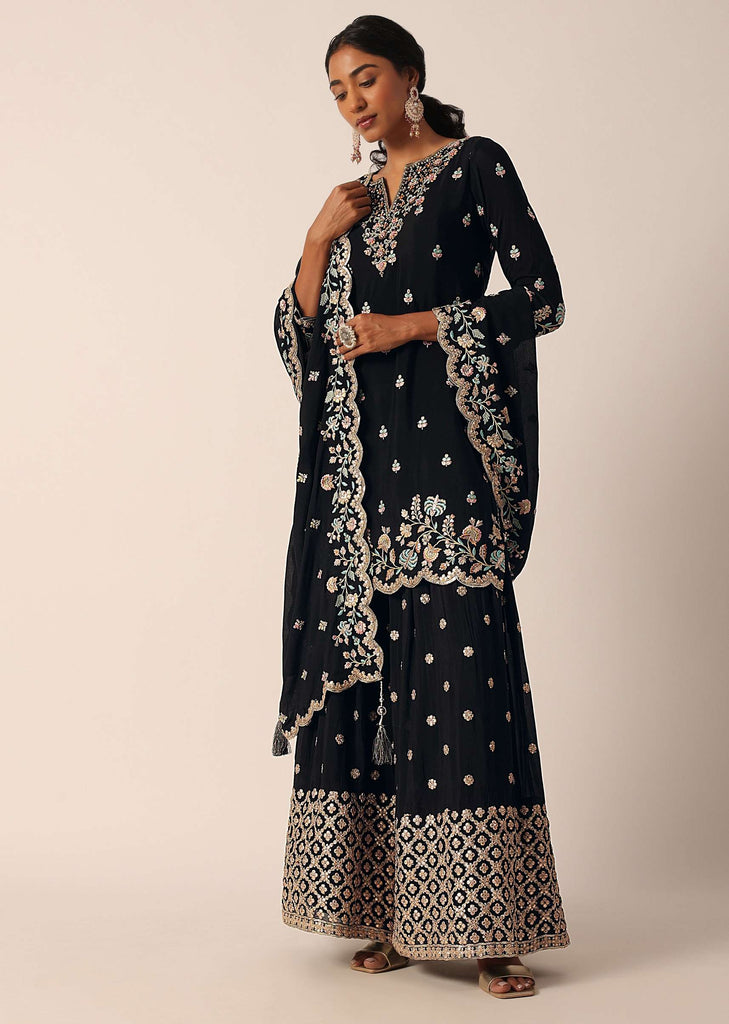 Black Palazzo Kurti Suit Set In Chinon With Zari And Resham Work
