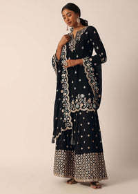 Black Palazzo Kurti Suit Set In Chinon With Zari And Resham Work