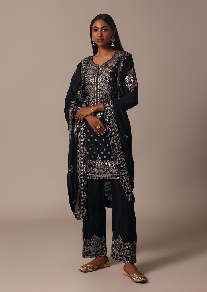 Black Pant Set With Thread And Sequin Work Kurta