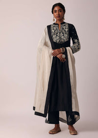 Black Pant Set With Pearl Embroidered Kurta