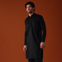 Black Pathani Kurta Set In Terry Rayon