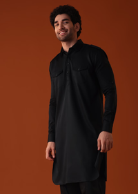 Black Pathani Kurta Set In Terry Rayon