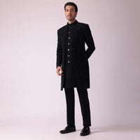 Black Patterned Indowestern Set In Suiting Fabric
