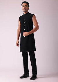 Black Patterned Indowestern Set In Suiting Fabric