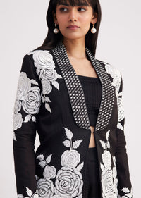 Black Pintuck Croptop Set With Blazer Style Jacket