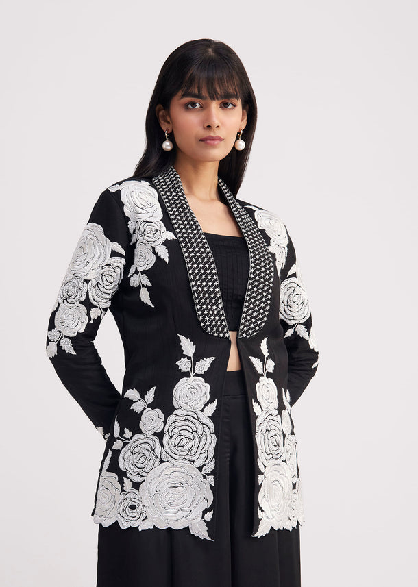Black Pintuck Croptop Set With Blazer Style Jacket