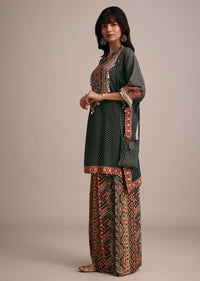 Black Polka Dot Printed Kurta Palazzo With Pouch Bag