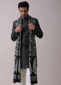 Black Poyester Sherwani Set With Floral Printed Stole And Collar Detailing