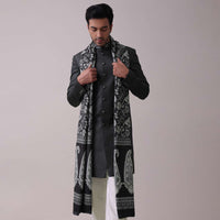 Black Poyester Sherwani Set With Floral Printed Stole And Collar Detailing