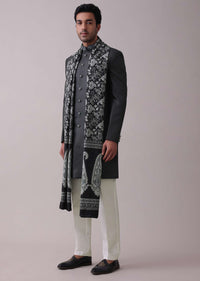 Black Poyester Sherwani Set With Floral Printed Stole And Collar Detailing