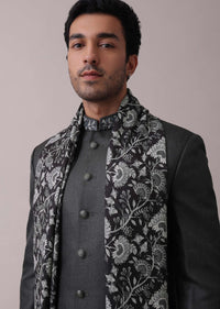 Black Poyester Sherwani Set With Floral Printed Stole And Collar Detailing